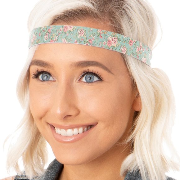 Hipsy Adjustable NO SLIP Country Floral Pink & Mint Wide Non-Slip Headband - Picture 2 of 5